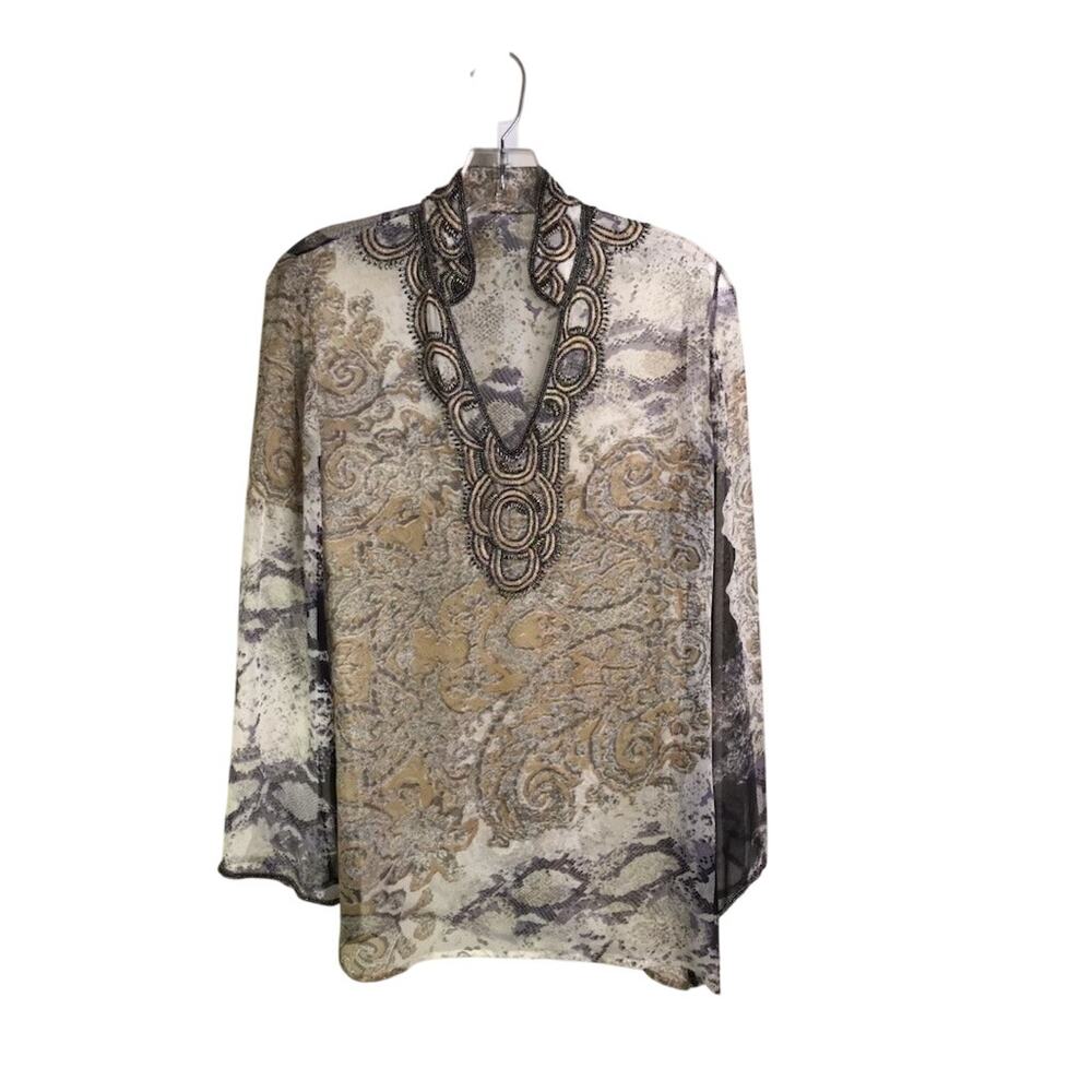 Womens Tunic Top Cream Brown Silk Faded Paisley Beaded VNeck Boho‎ Peasant